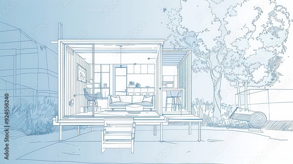 Poster illustration of a blueprint for a tiny house, including compact design elements, efficient use of sp