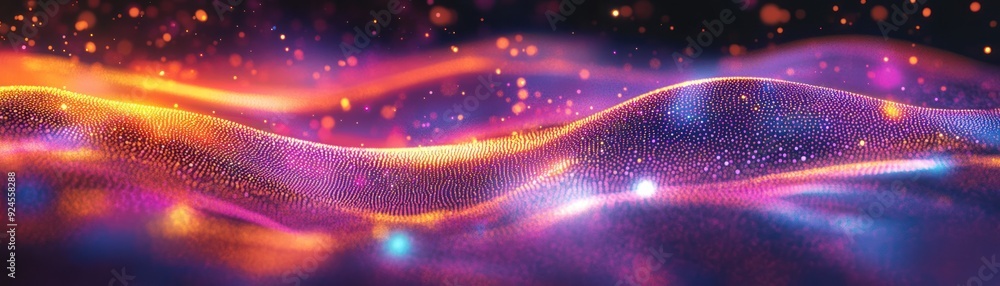 Poster Abstract Wavy Surface with Glowing Lights and Bokeh Effect
