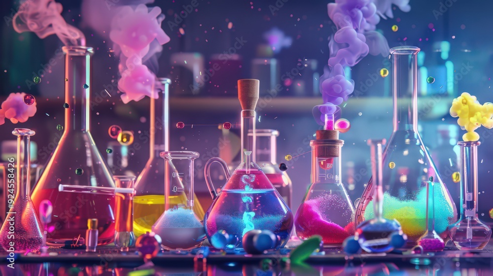 Poster illustration of a chemical reaction setup, featuring reactants in flasks and the process of mixing l