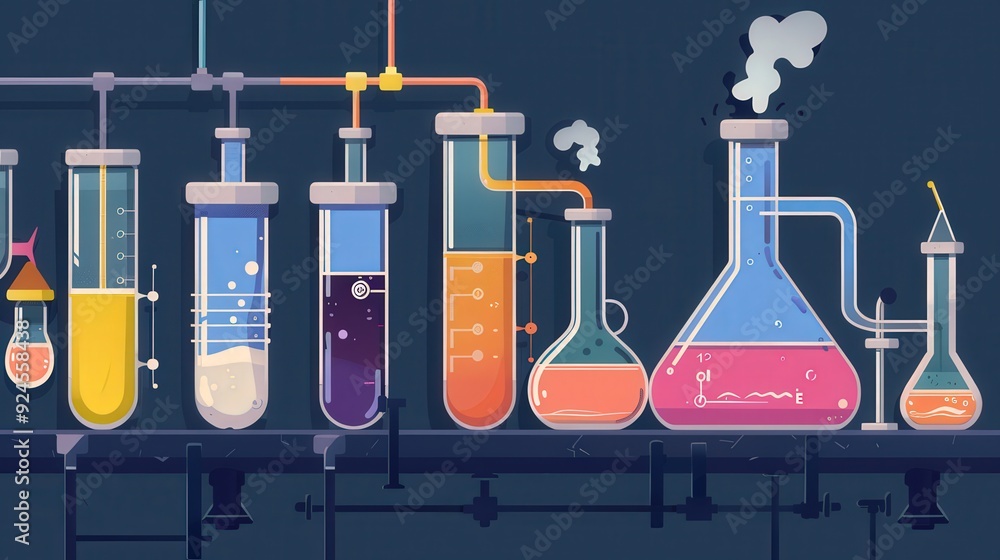 Poster illustration of a chemical reaction setup, featuring reactants in flasks and the process of mixing l