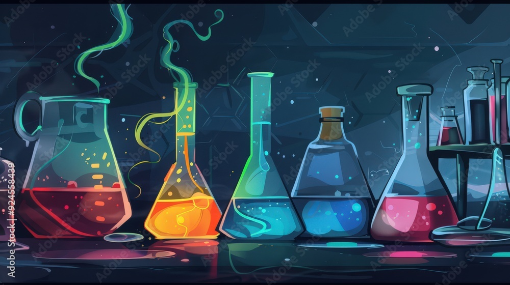 Poster illustration of a chemical reaction setup, featuring reactants in flasks and the process of mixing l