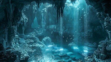 A stunning cavern-themed aquarium with dark caves, intricate stalactites, and glowing nocturnal fish. The soft lighting enhances the mystical and mysterious feel of the underwater scene.