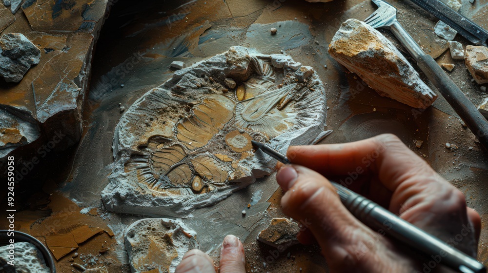 Poster illustration of a fossil preparation process, showcasing the careful removal of surrounding rock fro