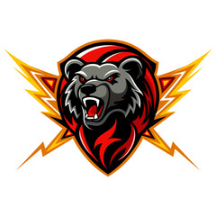 A bear logo on a shield with a lightning bolt around it, a basketball team logo, a football team, or a sports team mascot. graphic vector flat design.