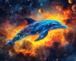 Neon dolphin face swimming through a cosmic sea of stars and planets, fluid and dynamic