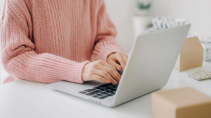 Naklejka premium Customer browsing an online store with neatly displayed products, digital merchandising, e-commerce shopping