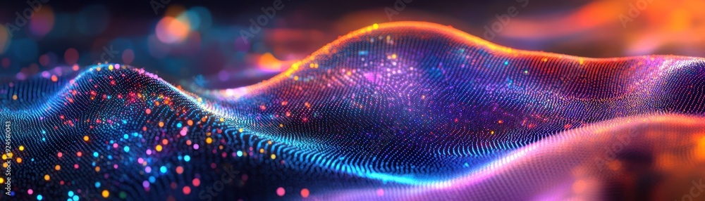 Poster abstract colorful wavy surface with glowing particles