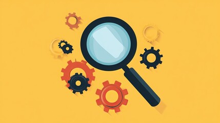 Business analysis symbol featuring magnifying glass and gear vector icons, associated with SEO
