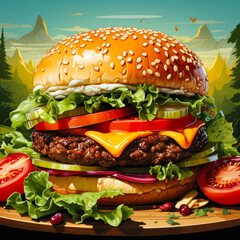 A large hamburger with lettuce, tomatoes, and cheese on a wooden board. The burger is surrounded by mountains in the background, giving the impression of a picnic in the wilderness