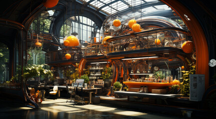 A large room with a lot of plants and orange lights. The room is very bright and has a modern feel to it