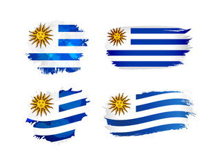 Set of editable isolated icons with Uruguayan flag. Brushing style shapes, flag of Uruguay background with clipping mask. Traditional and 3D waving concept. Clip art collection. Brush and ink stains.