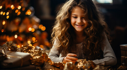 Naklejka premium A young girl is sitting on the floor in front of a Christmas tree, opening presents. She is smiling and she is enjoying the moment