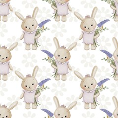 Cute little bunny girl with flowers, seamless pattern, watercolour illustration 
