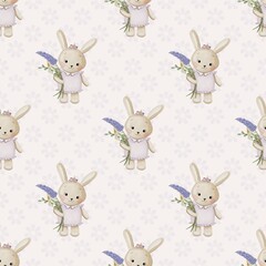 Watercolour Little bunny girl seamless pattern on colour background 