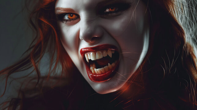 Angry redhead vampire woman with red eyes and sharp fangs.