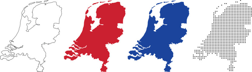 Netherlands map in outline style, red color, blue color, dotted style