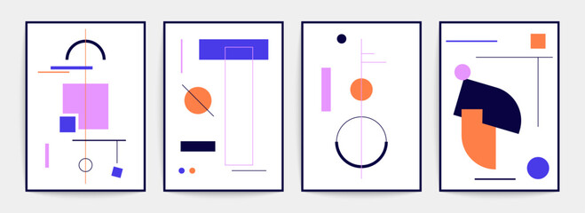 Geometric minimal posters. Simple primitive geometry figures, modern backgrounds wall art suprematism bauhaus style. Vector set
