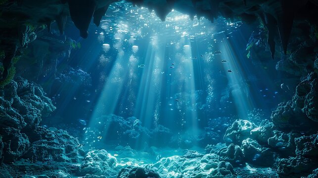 An aquarium designed to look like an underwater cavern, featuring dark caves, stalactites, and glowing nocturnal fish. Soft, eerie lighting creates a mystical and mysterious underwater environment.