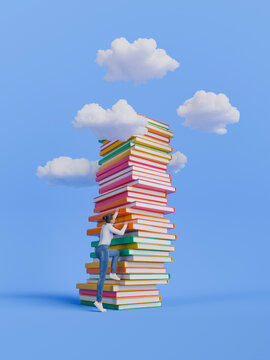 Woman Climbing a Tall Stack of Colorful Books with Clouds on Blue Background
