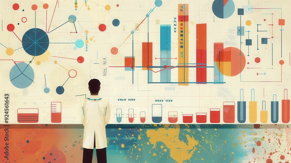 Poster illustration of data analysis using graphs and charts, showing how results from experiments are orga