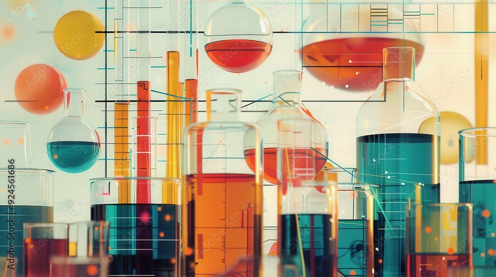 Poster illustration of data analysis using graphs and charts, showing how results from experiments are orga