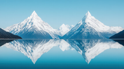 Snow-capped peaks reflected in a calm lake, winter