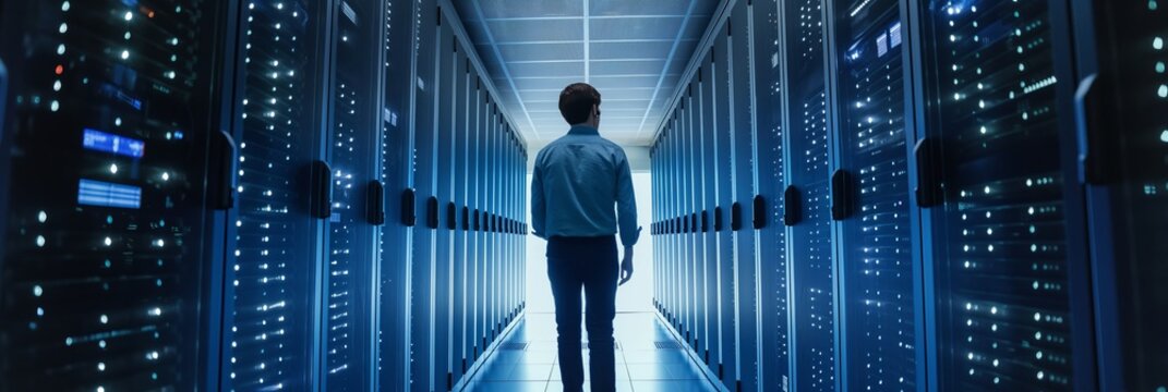 A person walking through a modern server room filled with server racks, emphasizing the importance of technology operations and data security.