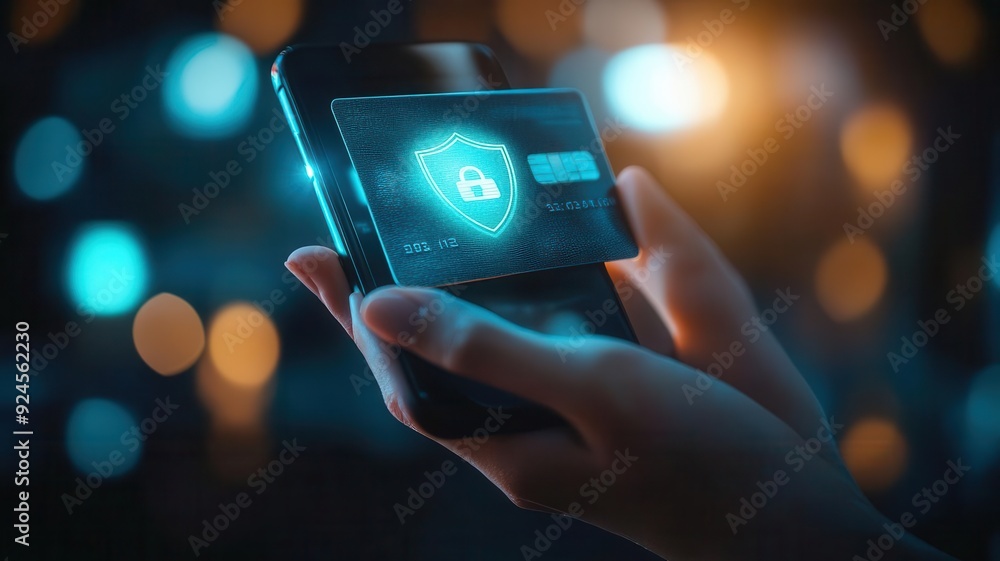 Poster a smartphone displaying a security shield, symbolizing digital protection and cybersecurity in a glo