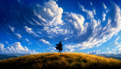 A solitary figure stands on a grassy hill under swirling clouds, capturing the essence of freedom and exploration in nature.