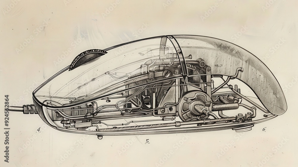 Poster illustration of the early home computer mouse, showing its buttons, scroll wheel, and internal mecha