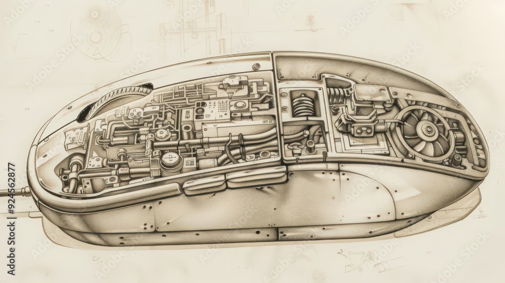 Poster illustration of the early home computer mouse, showing its buttons, scroll wheel, and internal mecha