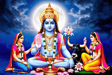 Serene Lord Krishna Portrait Bathed in Moonlight with Radha, Bull, and Lily