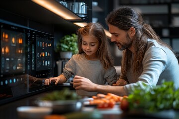 Family in the kitchen interacting with various smart home devices, including touch screen panels and voice-controlled assistants. Generative AI