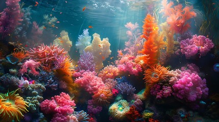 Obraz premium An enchanting coral garden aquarium featuring bright corals, colorful reef fish, and swaying anemones. The scene is bathed in soft, natural light, highlighting the vivid colors and intricate details.