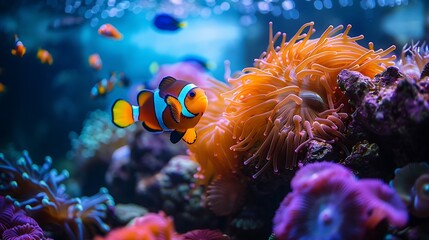 Obraz premium An enchanting coral garden aquarium showcasing bright corals, colorful reef fish, and swaying anemones. The soft lighting highlights the vivid colors and intricate details,