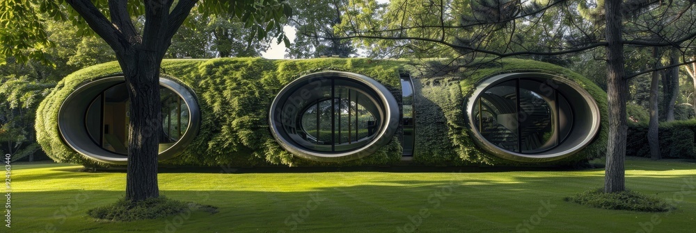 Poster intriguing building surrounded by grassy landscape and two trees sparks curiosity in a lush setting.