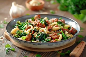A delicious pasta dish with sausage, greens, and herbs, served in a stylish bowl.