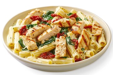 A delicious pasta dish with grilled chicken, sun-dried tomatoes, and spinach.