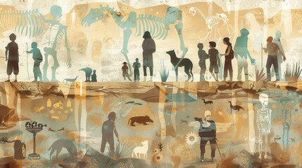 Illustration of the interdisciplinary nature of archaeology, showing collaboration with historians, scientists,