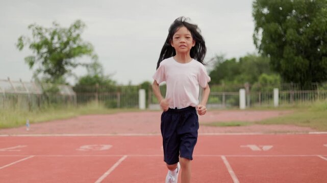 A cute elementary school girl. is practicing run from the start point on the red running track in the stadium with a different pose. to exercise diligently on the weekend morning and keep her body fit