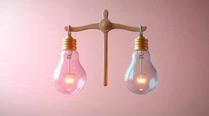 A balanced scale featuring colorful light bulbs, symbolizing contrast and harmony in design and innovation.