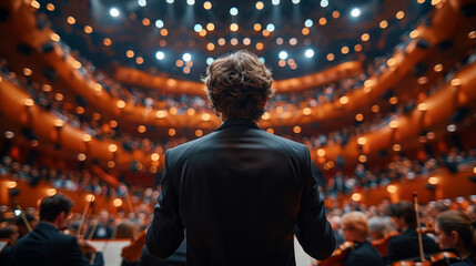 Obraz premium The conductor stands in the center of an open theater and leads the orchestra at a symphony concert