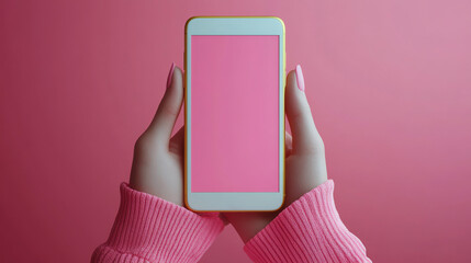 A modern smartphone held in hands against a vibrant pink background, showcasing potential for apps and digital creativity.