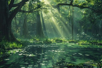 Obraz premium Sunbeams Illuminating a Serene Forest Pond