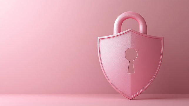 A pink shield and lock symbolizing security and protection against threats in a modern design over a soft pink background.