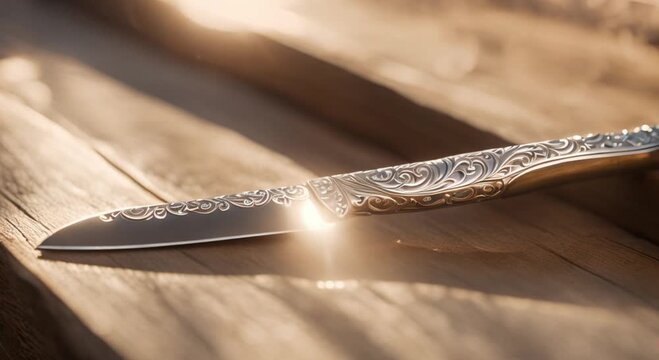 a sharp iron knife lying on a wooden table