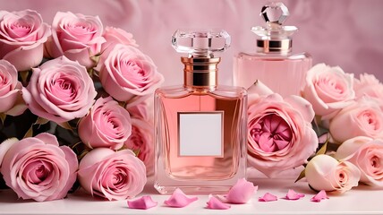 The pink perfume bottle surrounded by roses creates a romantic and luxurious aesthetic.