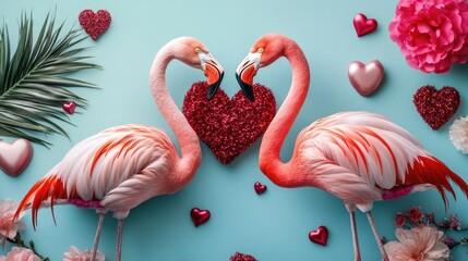 Naklejka premium Two flamingos standing close together, forming a heart with their necks, surrounded by Valentine's Day decorations.