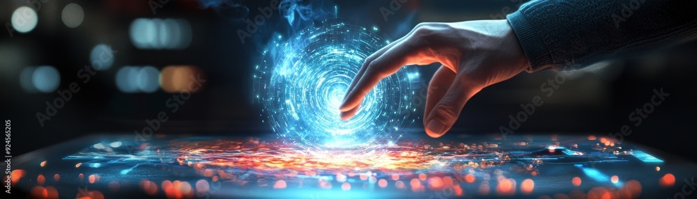 Poster hand interacting with a futuristic digital interface
