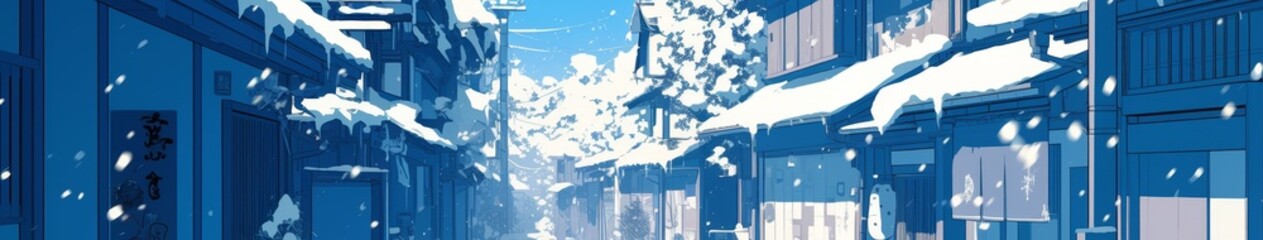 Fototapeta premium Enchanting Winter Night in Anime-Style Snowy Alley: Dreamy Japanese Street Scene for Creative Marketing, Travel Destinations, and Holiday Resort Promotions. 2025 Seasonal Art in 4K Resolution, AI-Gene